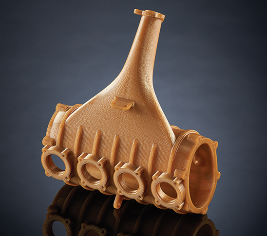 This functional prototype of an automotive intake manifold demonstrates ULTEM™ 1010 resin’s rugged capabilities: the highest heat resistance, chemical resistance and tensile strength of any FDM® material. ULTEM™ 1010 resin combines excellent strength with thermal stability for advanced tooling, biocompatibility and food-contact certification.